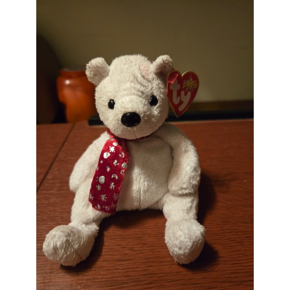 Ty Beanie Baby 1999 Holiday Teddy White Bear Red Snowflake Scarf 2000 Tag 4262 - Picture 1 of 5